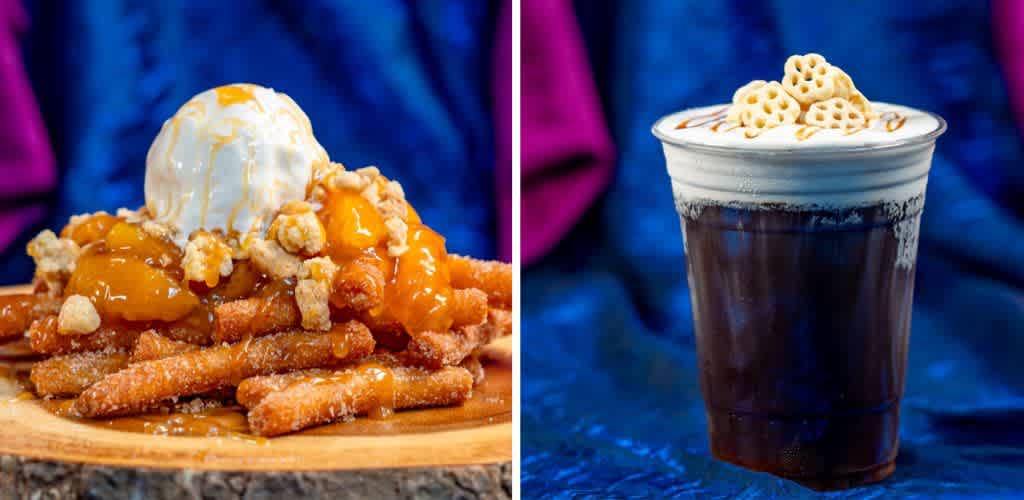 A delectable duo awaits featuring crispy churros topped with creamy ice cream and drizzled with caramel sauce on the left. On the right a refreshing iced beverage is crowned with a layer of foam and garnished with honeycomb cereal. Set against a vibrant blue background this treat pairing promises a delightful indulgence perfect for satisfying sweet cravings on any occasion.
