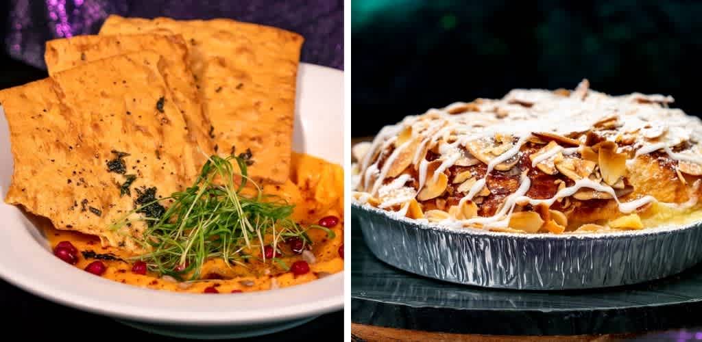 Two dishes on plates, one with flatbread and herbs, the other topped with sliced almonds and whipped topping.