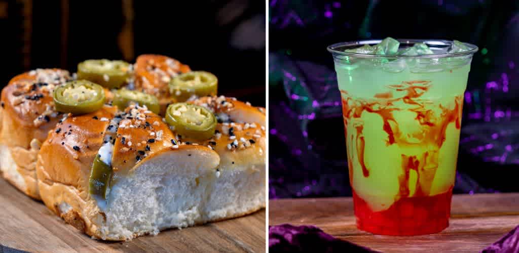 On the left, a close-up of soft dinner rolls topped with jalapeño slices and seeds. On the right, a vibrant drink in a clear cup, featuring layered red and green colors, with ice cubes on top. They rest on a wooden surface with a blurred, dark purple background.