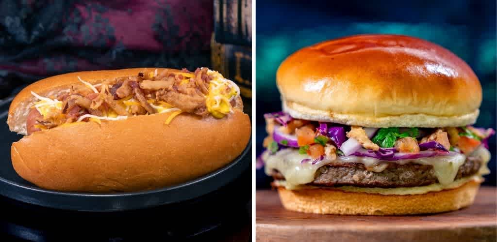 Side-by-side images of a hot dog with shredded meat and a cheeseburger with vegetables and sauce.
