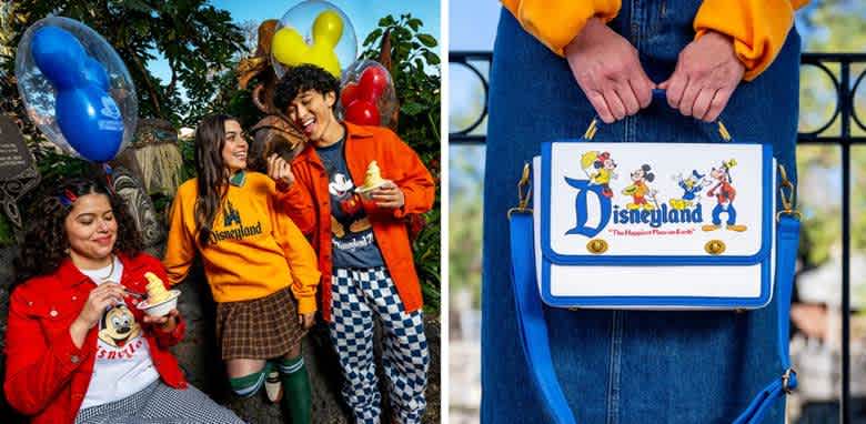 Three people enjoy festive snacks and balloons, wearing colorful Disneyland-themed clothing, including sweatshirts and jackets. A separate close-up showcases a handbag with classic cartoon characters and the Disneyland logo. The scene evokes a fun, playful atmosphere typical of a theme park visit.