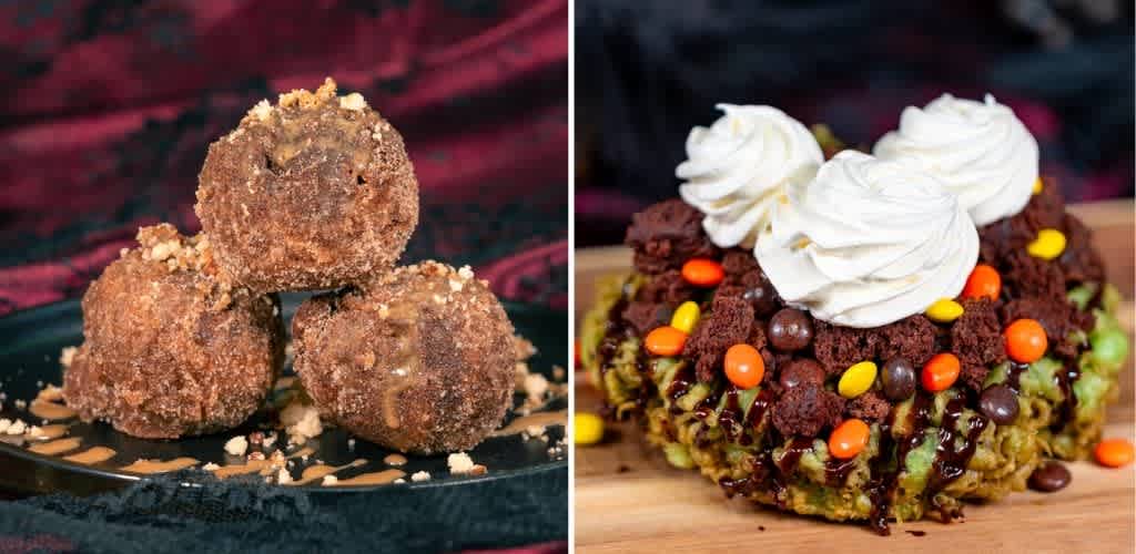 Three chocolate dessert truffles with a crumb coating and a decorated cookie cake with frosting and colorful candies.