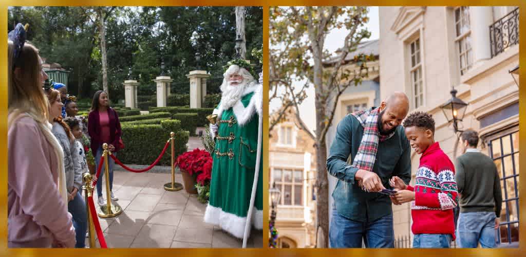 Left image: A group of people, including children, smiles as they meet a person dressed as Santa Claus in a green costume in a garden setting. Right image: A man and child, both smiling, stand on a street looking at a phone together, surrounded by buildings and trees.