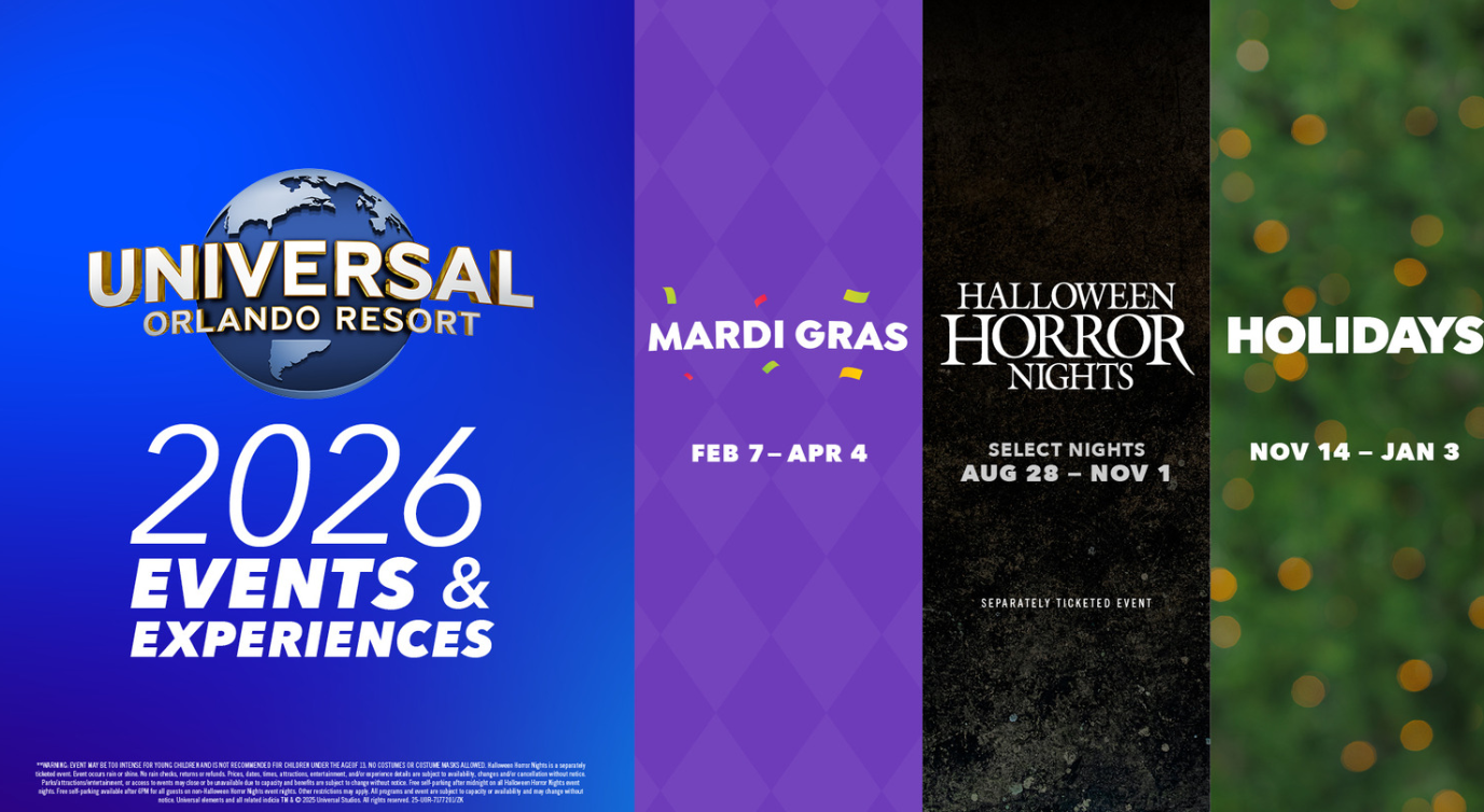 A colorful promotional poster for Universal Orlando Resort 2026 events including Mardi Gras from February 7 to April 4, Halloween Horror Nights from late August to early November, and Holidays from November 14 to January 3.