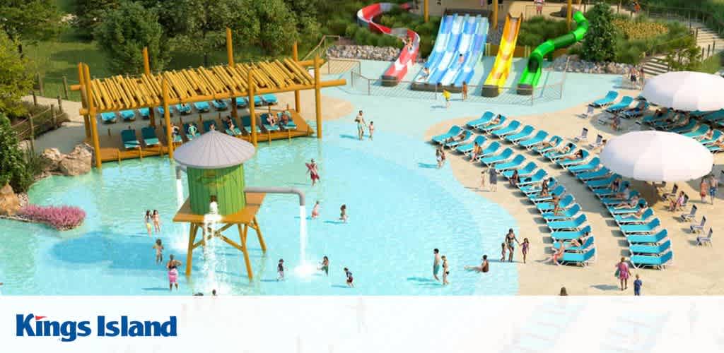 Overview of a water park with a shallow pool, water slides, lounge chairs, and umbrellas.