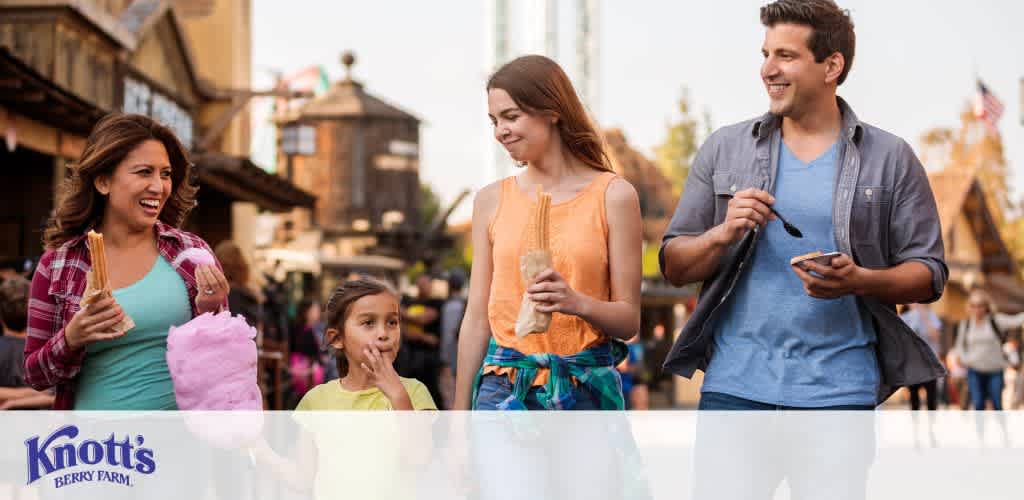 This image features a group of people enjoying a day out at Knott's Berry Farm amusement park. On the left, a woman in a plaid shirt and teal top is laughing joyfully, holding what appears to be a churro in one hand while her other hand is raised mid-gesture. Next to her is a young child, looking thoughtfully into the distance with a hand resting on his chin, and holding a stick of cotton candy. To their right, a young woman in a sleeveless orange top smiles as she looks at something out of frame, with her hair tied back and a drink in her hand. On the far right, a man in a casual grey button-up over a blue T-shirt is holding a smartphone, looking amused by something on the screen. The backdrop shows the bustling atmosphere of the park with various attractions and visitors enjoying their day. The Knott's Berry Farm logo is prominently displayed at the bottom left of the image.

At FunEx.com, we ensure that the exhilaration of amusement parks is matched by the thrill of getting the lowest prices on tickets, so you can focus on making memories without breaking the bank.