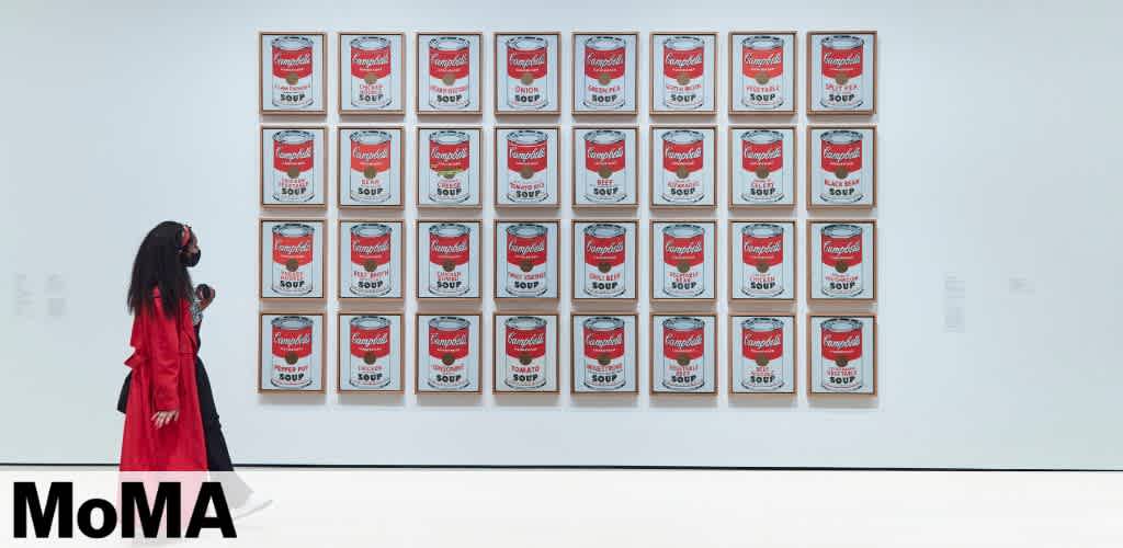 Image shows a person in a red coat viewing a large display of repeated soup can artwork on a museum wall. Below, the museum's name is visible. The setting suggests an art gallery with modern or contemporary works.