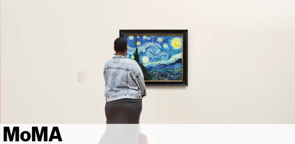 A person stands in an art gallery observing The Starry Night by Vincent van Gogh. The iconic painting features swirling night sky over a small town.  MoMA  is visible at the bottom symbolizing the location of the Museum of Modern Art.