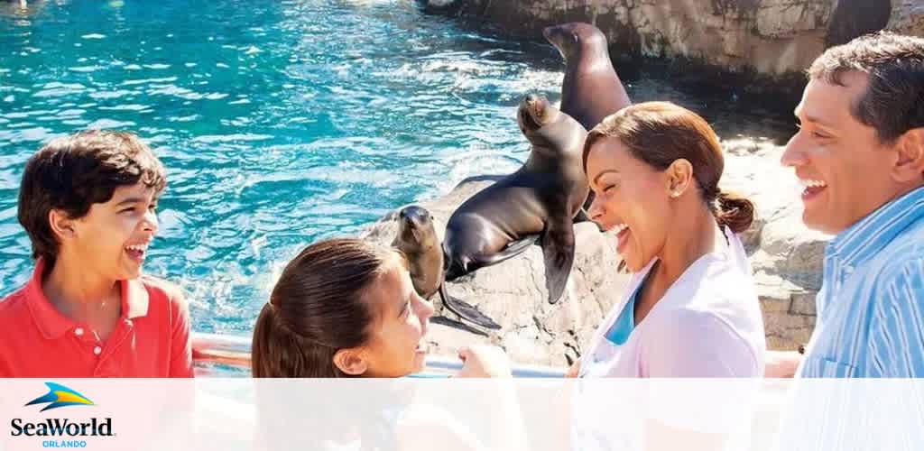 Image shows two joyful kids and two smiling adults at SeaWorld Orlando interacting with a playful sea lion by the water's edge, with bright sunlight and clear blue water in the background. The SeaWorld logo is visible in the bottom left corner.