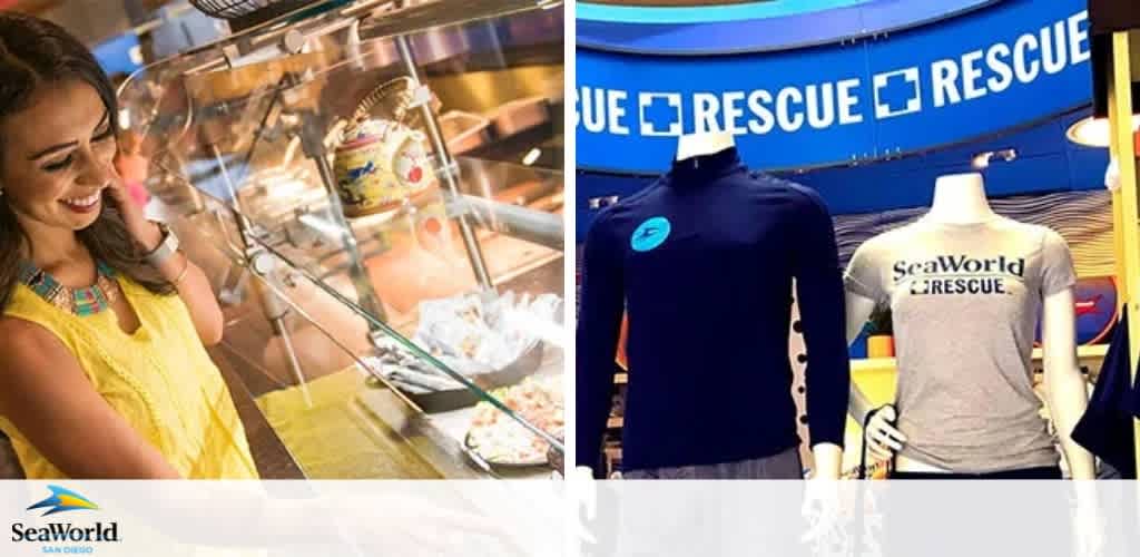 The image is split into two sections. On the left, a smiling woman in a yellow top looks at food items behind a glass display. On the right, two mannequins are dressed in SeaWorld Rescue merchandise, with a blue banner above them carrying the text RESCUE. A SeaWorld logo is placed at the bottom of the split image.