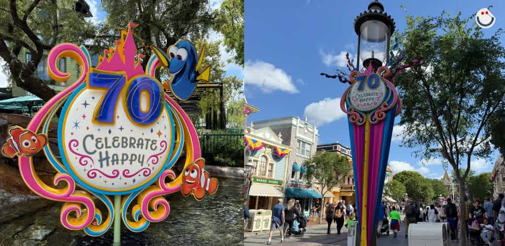 The image features a festive celebration theme in a theme park setting. On the left, there's a colorful sign with the words  70 Celebrate Happy  adorned with cartoon fish characters and vibrant pink and orange swirls. On the right, a decorated lamppost with similar  70 Celebrate Happy  signage stands on a bustling street filled with visitors. The background includes trees and building facades under a clear blue sky.