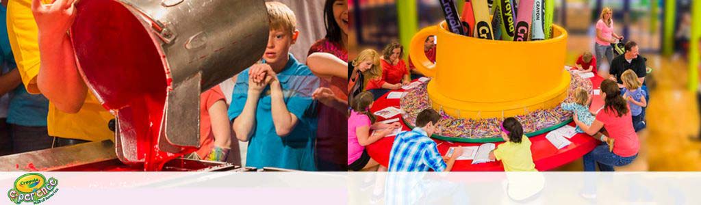 Banner image showcasing two scenes: on the left, a child watches as red crayon wax is poured into a mold, and on the right, several people sit at a table, coloring, with a giant crayon cup filled with colorful crayons in the background. The Crayola Experience logo is visible.