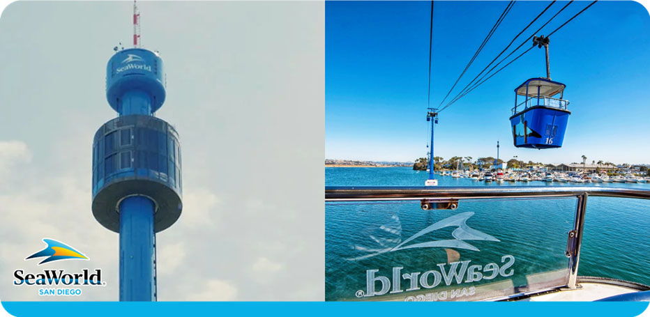 Image of SeaWorld San Diego's Skytower and aerial tramway with blue skies.