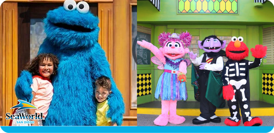 Children posing with Sesame Street characters at SeaWorld San Diego.