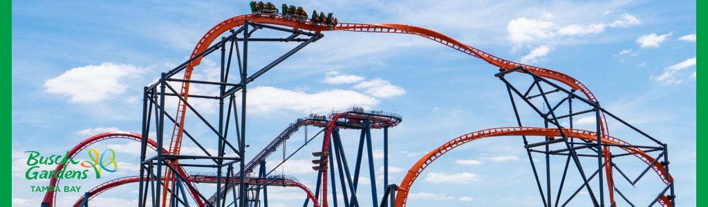 Roller coaster with excited riders against blue sky at Busch Gardens Tampa.