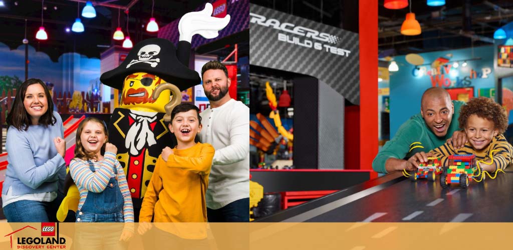 A joyful family poses with a life-size Lego pirate at LEGOLAND Discovery Center. On the right, a father and son cheerfully engage with Lego race cars. Brightly colored backdrops and Lego-themed decorations surround them.