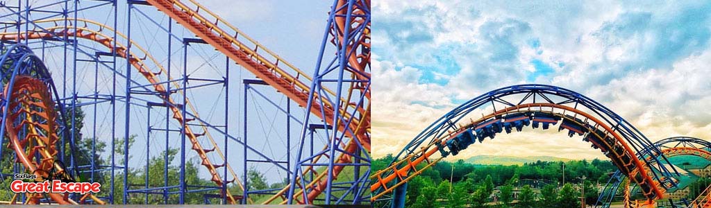 Image shows a vibrant roller coaster with blue tracks and orange rails set against a cloudy sky. On the left, a train of cars is engaged in a loop maneuver. On the right, another segment of the coaster is mid-descent with trees in the background. Text: Six Flags Great Escape.