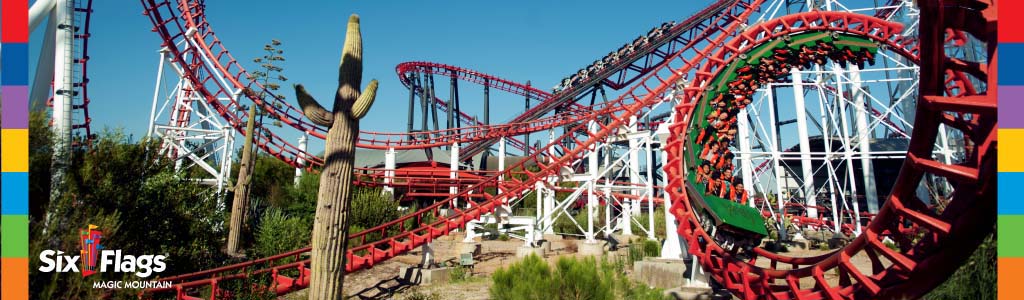 This image displays an exhilarating scene from Six Flags Magic Mountain, showcasing a red roller coaster with passengers engaged in a joyous ride amongst a network of steel tracks. The roller coaster cars are captured in the midst of a steep inversion, emphasizing the thrill of the attraction. In the foreground stands a tall Saguaro cactus, adding to the desert-like landscape ambiance that characterizes the theme park setting. A clear blue sky blankets the scene, contributing to the vibrant and active atmosphere of the park. The lower left corner features the Six Flags logo, reinforcing the brand’s identity.

At FunEx.com, we take pride in offering the lowest prices and best discounts available, ensuring that your tickets to fun and adventure are just a click away!