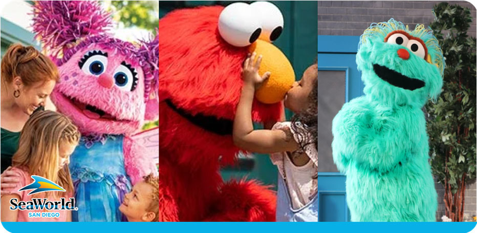 Colorful characters interact with kids at an amusement park.