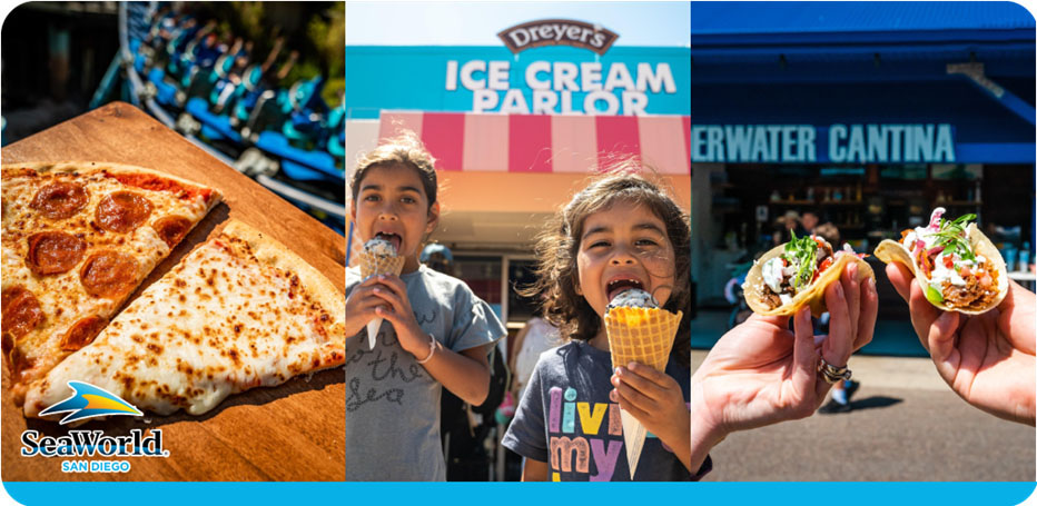 Collage of pizza, a child eating ice cream, and hands holding tacos, with SeaWorld San Diego logos.