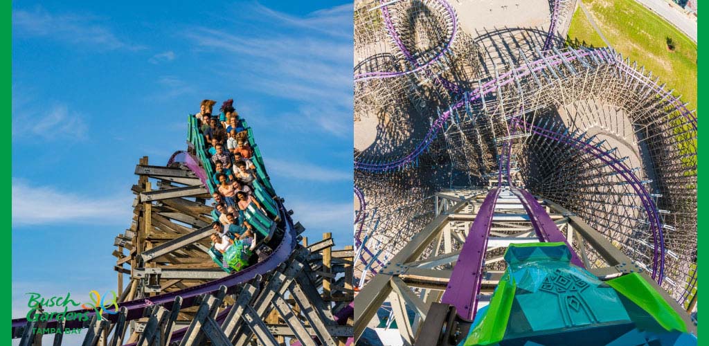 Roller coaster with excited riders; aerial view of theme park ride structures.