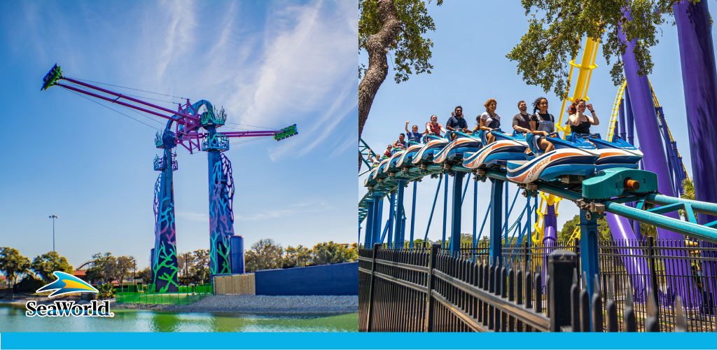 Image split between two scenes at SeaWorld. On the left, a colorful thrill ride lifts passengers on extended arms against a bright blue sky. On the right, smiling riders on a blue and yellow roller coaster glide on a track, surrounded by foliage and a clear sky. The SeaWorld logo is at the bottom left.