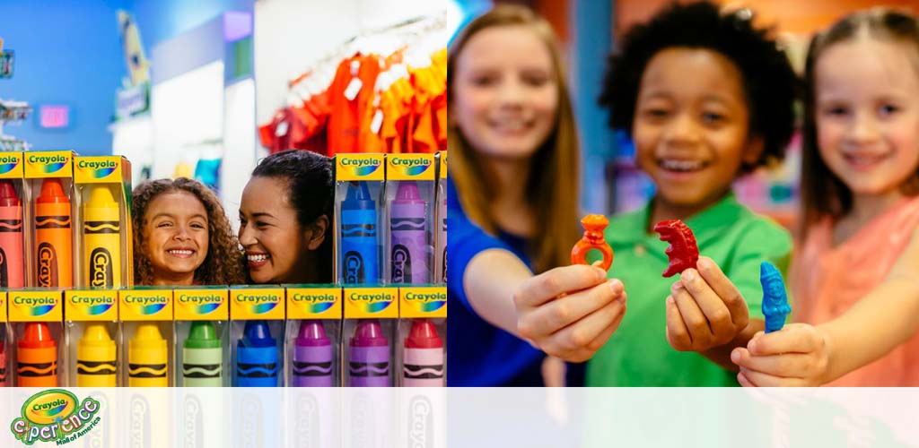 Image shows two joyful scenes side by side. On the left, large, oversized crayons are displayed with a smiling child and adult peeking in between. The right depicts three children happily showing off small, colorful wax sculptures. The environment suggests a playful and creative space, with a logo of Crayola Experience at the bottom left.