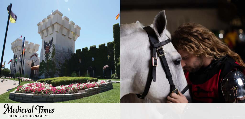 Image shows a split view: on the left, the exterior of a castle-like building with battlements and flags under a clear sky; on the right, a close-up of a white horse and a person in medieval armor gently touching the horse's nose. Text: Medieval Times Dinner & Tournament.