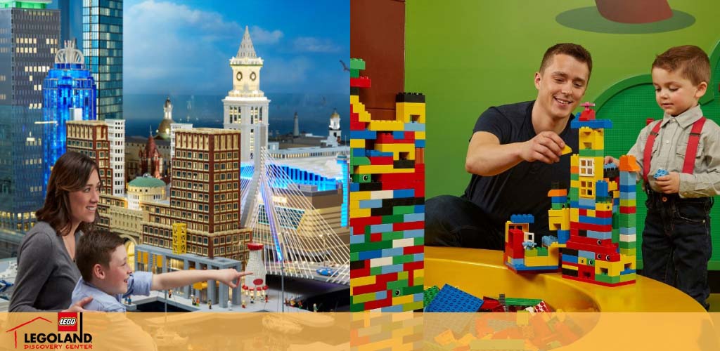 Image shows a vibrant scene at LEGOLAND Discovery Center with building replicas made of LEGO bricks. On the left, a mother and son point excitedly at the LEGO cityscape. On the right, a smiling man builds with LEGO bricks beside a young child in a playful setting. The LEGO logo is prominent, indicating an engaging family environment where creativity is celebrated.