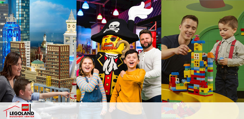 Image shows a collage from LEGOLAND Discovery Center. On the left, a family admires a LEGO replica of an urban skyline. Center image features a child posing with a life-sized pirate LEGO figure. The rightmost image depicts two adults and a child happily building with LEGO bricks at a table. The LEGO logo is visible.