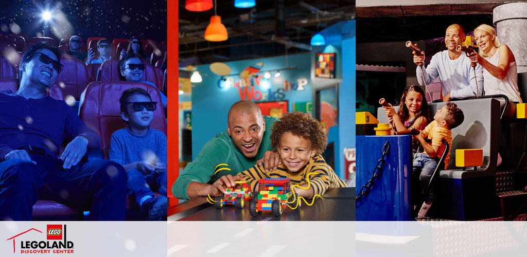 Image depicts three joyful experiences at LEGOLAND Discovery Center. On the left, visitors enjoy a 4D cinema wearing 3D glasses. Center shows a man and a boy smiling as they build with LEGO bricks. On the right, a family has fun in an interactive area, aiming laser guns at virtual targets. Bright colors and lighting enhance the playful atmosphere.