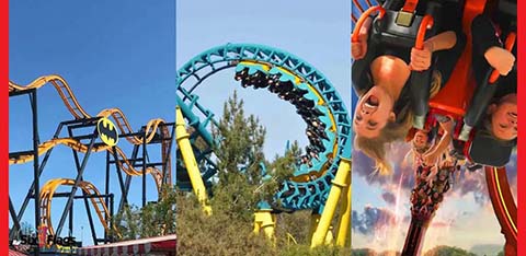 This image displays a collage of three photographs that showcase exhilarating roller coaster experiences. On the far left, a sleek, yellow-tracked roller coaster features a sharp drop and an intricate layout with multiple loops against a background of a clear, blue sky. The middle photograph captures a roller coaster with blue tracks executing a perfect vertical loop amidst lush green trees under a sunny sky. To the right, thrill-seekers are seen on a roller coaster upside down in mid-loop, their expressions indicating an adrenaline-fueled moment; the riders appear secured by overhead harnesses, and the coaster car is bright red. Excitement and adventure are themes consistently represented throughout the collage. Visit GreatWorkPerks.com for exclusive access to discount offers and savings on tickets, ensuring you experience these thrills at the lowest prices.