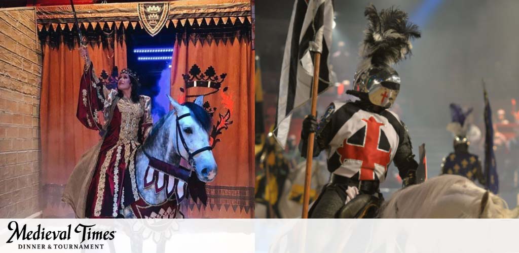 Image displaying two scenes from Medieval Times Dinner & Tournament. On the left, a performer dressed as a queen is on a horse, poised under a royal banner. On the right, a knight in armor with a red cross on the chest carries a lance and shield, with smoke and silhouetted figures in the background. The Medieval Times logo is at the bottom.