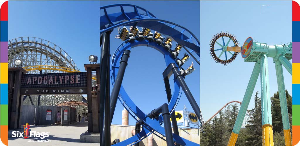 Image Description: This is a composite image showcasing three different thrill rides from a theme park. On the left, there's a wooden roller coaster in the background with large white supports and a tan track. In the foreground is a metal sign reading "APOCALYPSE The Ride" affixed to an entrance with rustic styling, indicative of a themed attraction, and a clear blue sky overhead.

The middle of the image features an inverted blue roller coaster with a loop structure and a train of riders hanging underneath the track, seemingly caught mid-descent from the loop, against a backdrop of clear blue sky.

On the right, an intense ride consisting of a vertical green tower supports two long arms holding a circular gondola with riders. This gondola is positioned horizontally as if in the middle of a spin, with trees and a portion of a red roller coaster in the distance.

The bottom left corner bears the Six Flags Magic Mountain logo, and the image is bordered by a colorful graphic stripe motif on the left side. 

Remember to check FunEx.com for the lowest prices and discount tickets to experience the thrill of these rides in person!