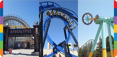 This image is a triptych showcasing three different rides at a theme park. On the left, there is an entrance gate with the sign "APOCALYPSE The Ride," in an industrial design with a backdrop of a wooden roller coaster structure. The middle shows a close-up view of a blue roller coaster with an inverted loop, where riders are hanging upside down in their seats, with clear blue skies in the background. To the right, there is a circular ride with multiple arms extending from a central point; at the end of each arm is a cluster of seats where riders are strapped in, the ride is in mid-motion and the sky is visible. The bottom left corner of the composite image shows the "Six Flags" logo, indicating the theme park brand. At FunEx.com, we are thrilled to offer you exclusive access to these high-thrill experiences at the lowest prices available, ensuring your tickets lead to top-tier entertainment and significant savings.