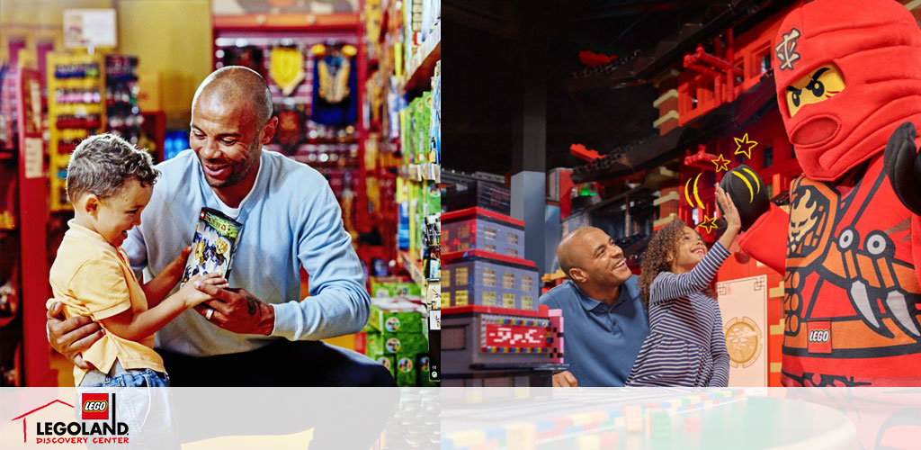 Image showing two scenes at LEGOLAND Discovery Center. On the left, a smiling man in a light blue sweater presents a LEGO box to a happy young child in a yellow shirt. On the right, the same man and a girl wearing a striped dress reach out to a life-size LEGO figure dressed as a red ninja, with cartoon-style sparkles around its hand. Bright colors and LEGO sets fill the background.