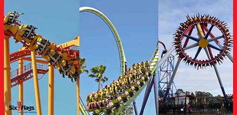 This image is a triptych featuring various rides at a theme park under a clear blue sky. On the left, a roller coaster with yellow and orange tracks twists with a train of riders in harnesses, all seemingly in mid-air. The coaster has sharp turns and riders are inverted as they travel the track. In the center, a different roller coaster with a blue track and lime green surroundings peaks at the crest with riders poised at the top, providing them with a brief moment to take in the view before the descent. The rightmost part of the triptych shows a large circular ride spinning vertically, with seats around the perimeter facing outward. The ride is in motion, with people secured as it rotates like a giant wheel. Each image captures the thrilling atmosphere of the amusement park.

Remember, when you’re ready for heart-pounding excitement, visit GreatWorkPerks.com for the lowest prices and best savings on tickets to your next adventure at the theme park!