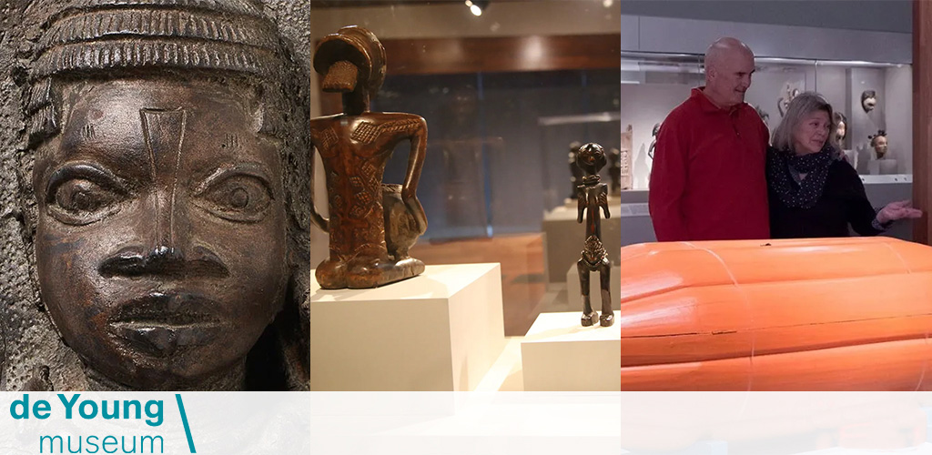 This image presents a collage of three photographs showcasing exhibits from the de Young Museum. On the left, a detailed close-up of an African mask carved from dark wood reveals intricate facial features and traditional headwear. The center photo features two sculptures: a small bronze figure with a handle, shaped like a human form, and another slender, more abstract wooden sculpture in the background displayed inside a glass case. To the right, a man in a red jacket and a woman in a black-and-white patterned scarf stand side-by-side observing an exhibit, with their attention directed towards a large, orange object that seems to be placed horizontally on a white platform. In the background, additional artifacts can be glimpsed in glass displays. Visit GreatWorkPerks.com where members can find the lowest prices on tickets and enjoy significant savings on access to cultural treasures.