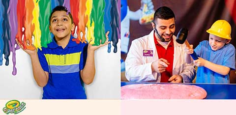 Two images side by side. On the left, a joyful boy with hands raised under vibrant, dripping paint reminiscent of melting rainbows. On the right, another boy wearing a yellow hard hat is assisted by a smiling adult in a lab coat, exploring a bubbly pink substance with a giant magnifying glass. Both scenes convey playful learning experiences.