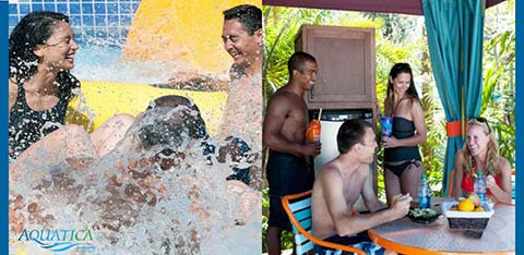 Two scenes at a water park are depicted. On the left, two adults and a child laugh while splashing in water with a yellow splash design and the word Aquatica. On the right, two men and two women enjoy snacks at a shaded cabana table with fruits and beverages.