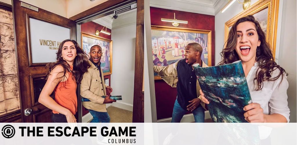 Image of three people excitedly participating in The Escape Game Columbus. On the left, a man and a woman glance back with surprised expressions as they exit a room named Vincent H. On the right, another woman holds up a clue, a painting, with a thrilled smile while a man behind her looks on with amazement. The logo for The Escape Game Columbus is displayed prominently.