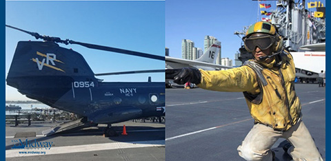 This image is a split scene featuring two distinct aspects of naval aviation. On the left, we have a close-up of a military helicopter, predominantly in navy blue, with "Navy" written on the side and the tail number 0954 visible. It appears to be stationed on the deck of an aircraft carrier, with hints of a clear sky in the background. On the right, an individual wearing a reflective yellow flight deck uniform with a cranial helmet and goggles is gesturing to the left with a determined expression, as if directing aircraft. In the background, part of an aircraft carrier is visible, along with a portion of a city skyline under bright daylight.

At GreatWorkPerks.com, we proudly offer our customers the lowest prices on tickets, ensuring memorable experiences with exceptional savings.