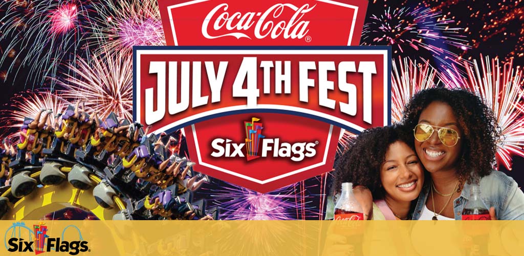 Image promoting July 4th Fest by Coca-Cola at Six Flags, depicting a roller coaster in motion with excited riders beneath a sky of fireworks. In the foreground, two smiling women are holding Coca-Cola bottles, celebrating. The Six Flags logo is also visible.