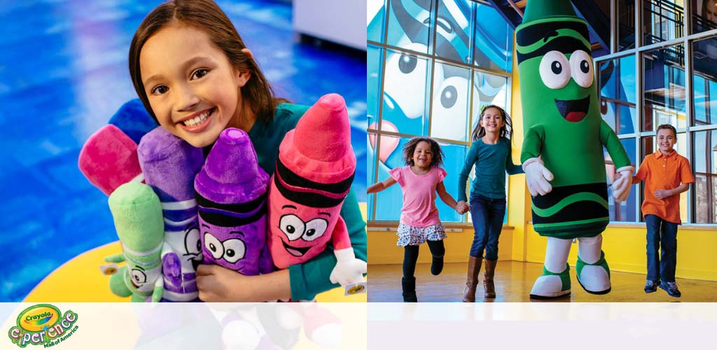 This image is split into two segments. On the left, a joyful girl hugs oversized plush crayons with cartoonish eyes and smiles. On the right, two kids excitedly hold hands and run towards a life-sized green crayon mascot with a friendly face, accompanied by a boy in orange. The background shows colorful, brightly lit settings enhancing the playful atmosphere.