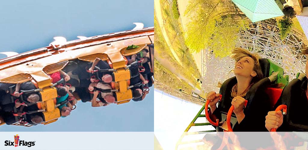 Image split into two halves. Left side shows an upside-down roller coaster from Six Flags with passengers secured in their seats, mid-ride, against a clear sky. Right side has a thrilled woman with wind-swept hair on a roller coaster, hands gripping the safety bar with trees and sky in the background. The logo of Six Flags is visible in the corner.