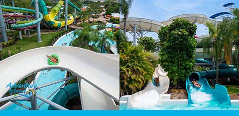 Two images of slides at a water park, with greenery and excitement on sunny day.