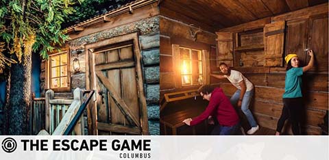 Promotional image for The Escape Game Columbus featuring two side-by-side photos. On the left, an exterior shot of a rustic wooden cabin structure with a door and staircase. On the right, three individuals are inside a wooden room, actively searching for clues. Two are examining walls while one crouches near a piece of furniture. The atmosphere is adventurous and engaging. The logo for The Escape Game is visible in the corner.