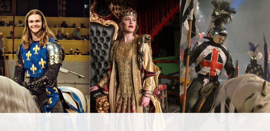 This image is a collage of three photographs from a medieval-themed performance. On the left, a smiling performer dressed as a knight in shining armor with a blue tunic embellished with golden fleur-de-lis symbols is pictured sitting atop a horse, which is partially visible. The knight has long hair and is wearing chainmail and a metal pauldron on his shoulder, indicative of traditional medieval combat attire.

The center photograph features a performer portraying a queen or high-status woman from the medieval era. She is adorned in a luxurious golden dress with intricate patterns and a red cape draped over her shoulders, complemented by a regal crown atop her head. Behind her is a throne, suggesting her high rank and the setting of a royal court.

In the rightmost photograph, another knight is in mid-motion aboard a white horse. This knight is wearing armor with a distinct red cross on a white background on both the tunic and the horse's attire, which are colors often associated with historic crusaders. The knight's helmet has a visor raised, revealing the eyes, and is adorned with a large, dramatic black plume.

Experience the pageantry and valor of a bygone era through breathtaking live performances. Visit GreatWorkPerks.com for tickets, and take advantage of the lowest prices available to witness chivalric splendor firsthand, all while enjoying great savings.