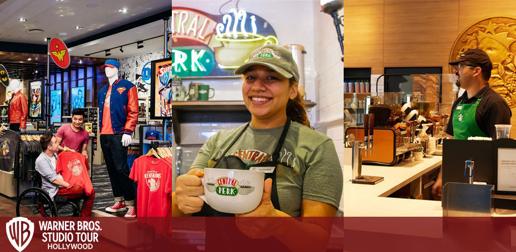 This image is a composite of three photographs promoting the Warner Bros. Studio Tour Hollywood. The left photo shows a merchandise store with a variety of apparel on display, featuring a man in a wheelchair being assisted by another man as they select a red jacket. The central photo captures a smiling woman wearing a cap that reads "Central Perk," extending her hand towards the camera, holding a large white mug with the same "Central Perk" logo. The rightmost image depicts a Starbucks employee standing behind a coffee bar, ready to serve customers. The store seems well-lit and friendly, promising an engaging experience for visitors. The Warner Bros. logo and "Studio Tour Hollywood" text is superimposed at the bottom of the collage.

At GreatWorkPerks.com, we offer exclusive discounts and savings on tickets, ensuring you enjoy the Warner Bros. Studio Tour Hollywood experience at the lowest prices available.