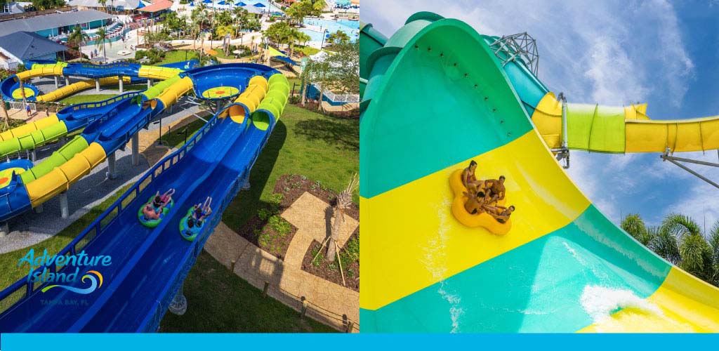 Colorful water slides at an amusement park with people enjoying rides.